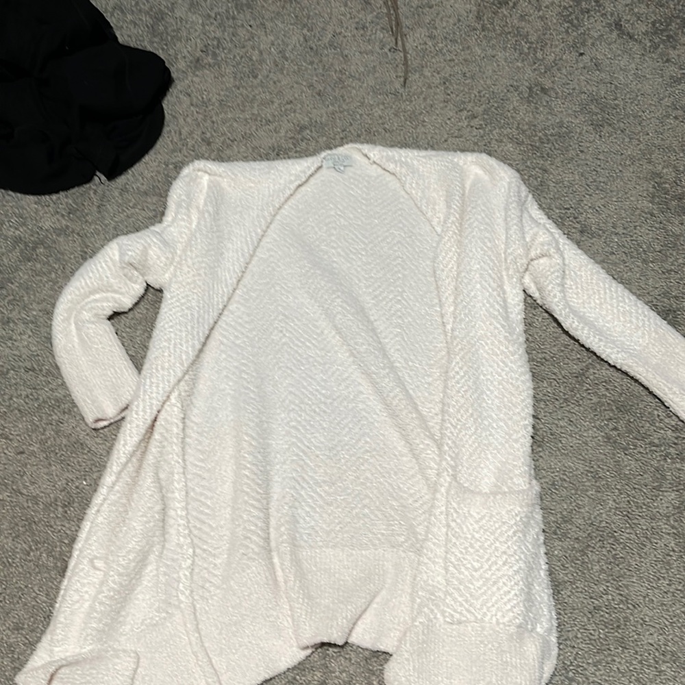 white fuzzy cardigan